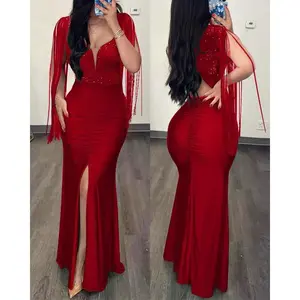 Women's tassel sequined hip dress fishtail dress round neck slit tassel sleeves pleated evening dress Fabric Formal