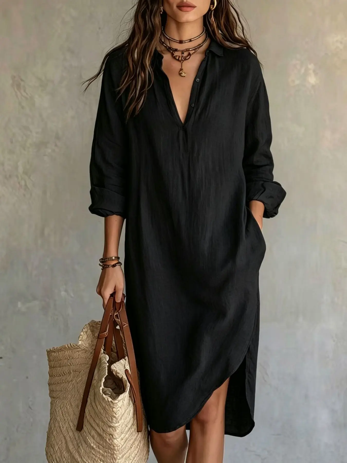 2026 Autumn New French Style Linen Shirtdress, Loose Midi Dress, Beach Vacation Style, Women's Fashion, in Stock