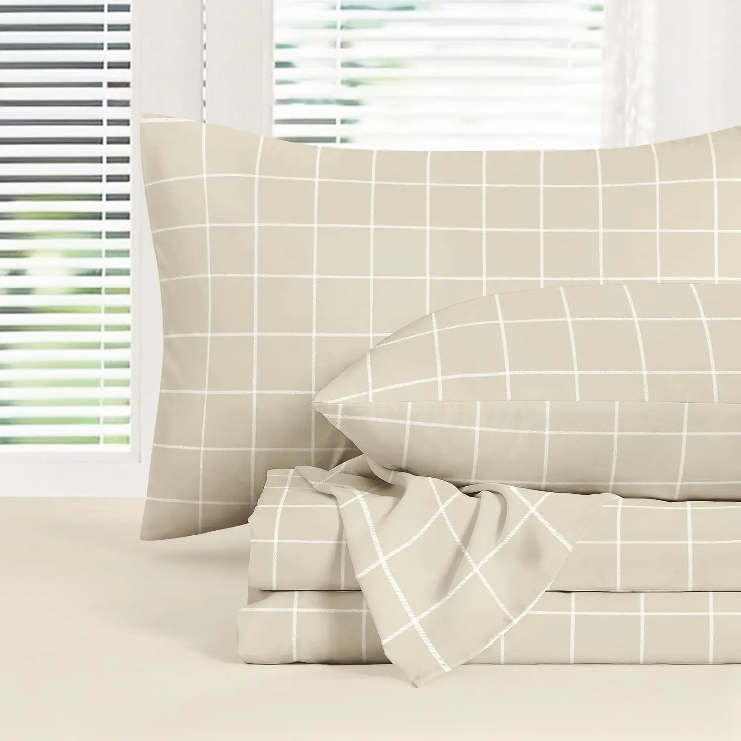 - Geometric Bed Sheets, 4-Piece Sheet Set, Checkered Grid Check Checker Gingham Preppy Bedding, Deep, Taupe, Full Size