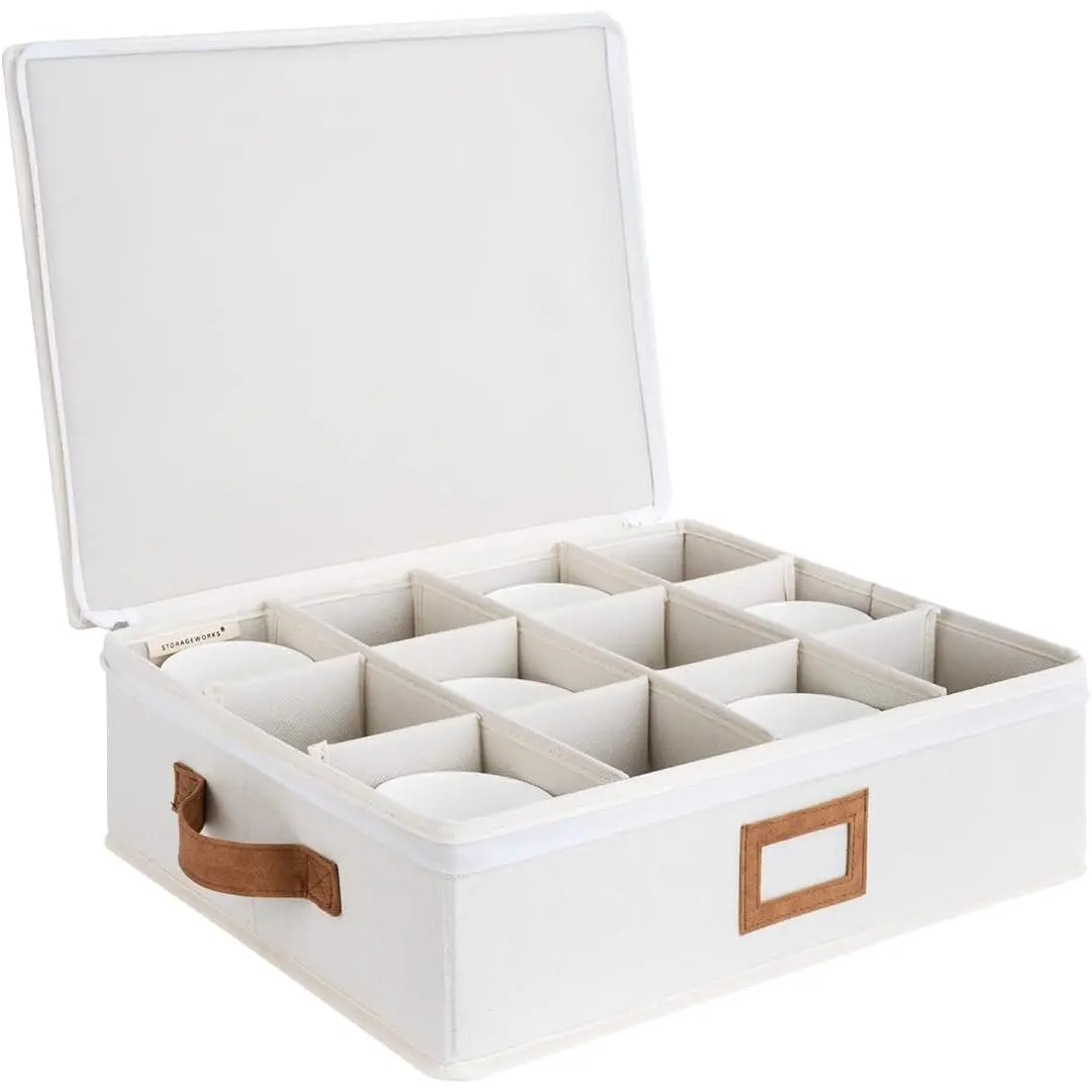 Storage Container, Stackable Mug Storage Box with Dividers, Stemware Storage Cases, Hard Shell  Cup Organizer, Holds 12  Cups and Coffee Mug, 1 Pack, Beige