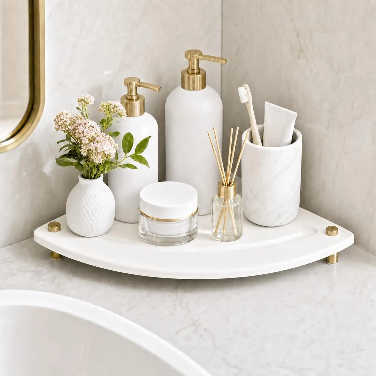 Corner Counter Drying Shelf, Diatomaceous Water Absorbing Stone Tray Mat for Kitchen & Bathroom Sink, Multi-use as Gold Faucet Coaster Soap Dish Rack Sponge Holder Dispenser Riser, White, 8.5" x 8.5"