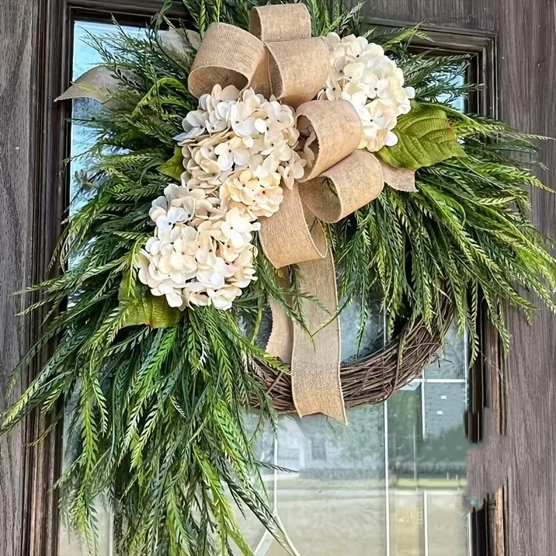 Hydrangea Wreath, 14 Inch Spring Wreath for Front Door, Summer Wreath with White Hydrangea, Greenery and Burlap Bow, Farmhouse Floral Door Wreath for Indoor Outdoor Wall Porch Décor