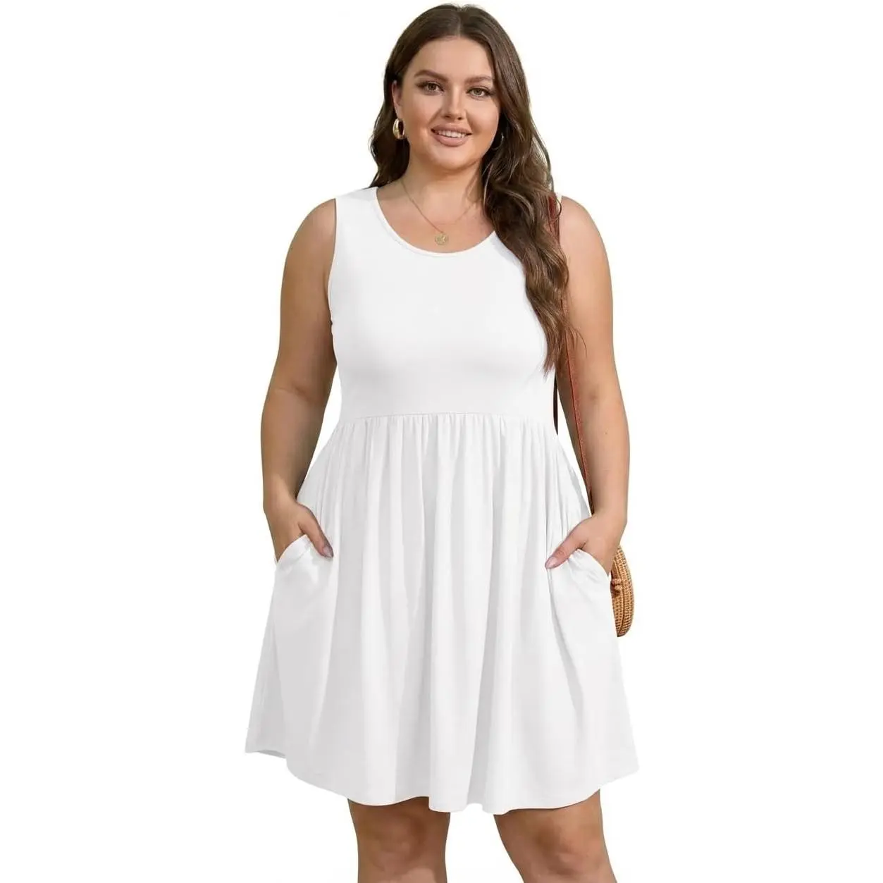 Women's Plus Size Casual Sundress - Casual Beach Dress, Sleeveless Knee-Length A-Line T-Shirt Dress with Empire Waist, Pockets, Everyday Wear, 4X