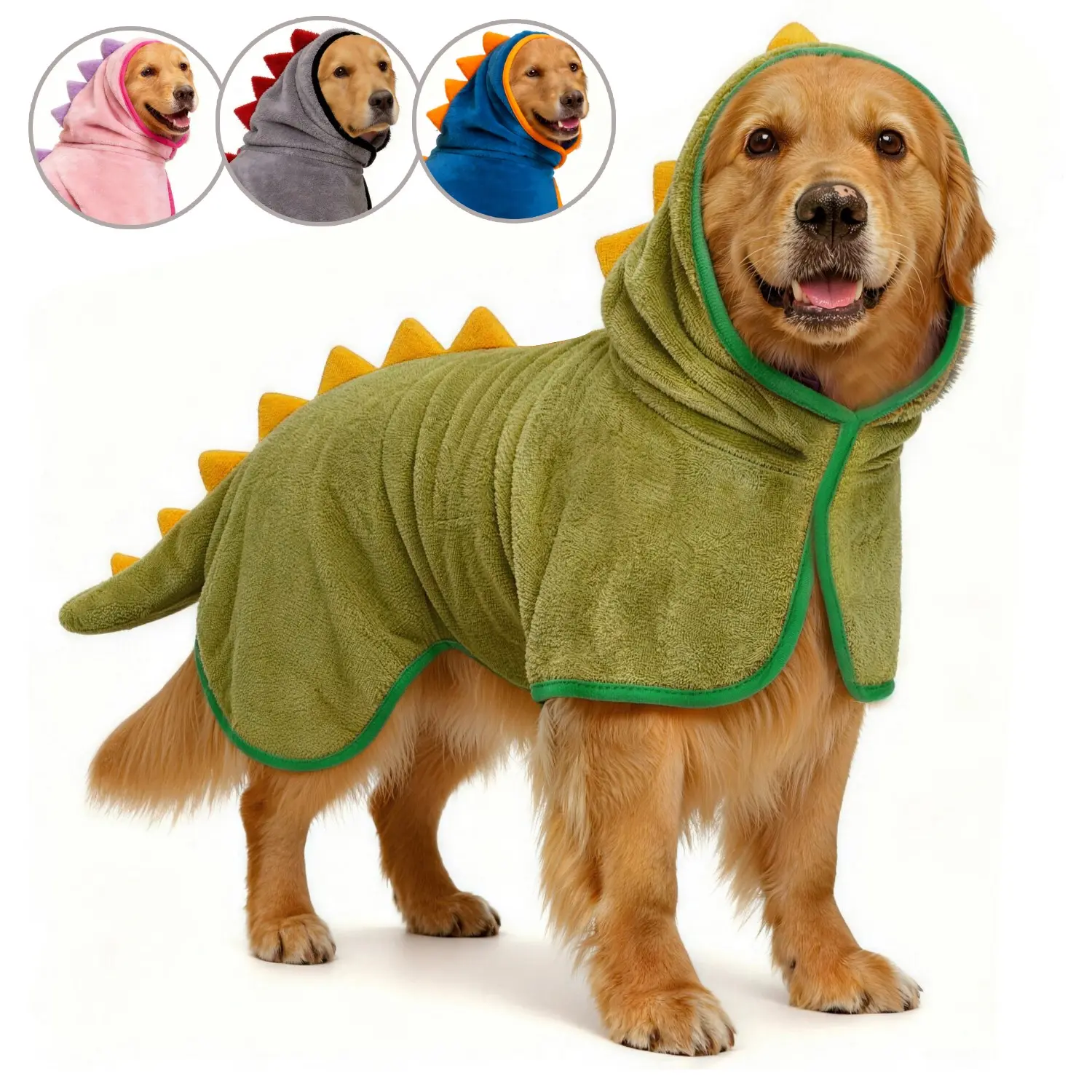 Two-In-One Dog Bathrobe & Winter Warm Coat, Super Absorbent Coral Fleece Hooded Towel, Adjustable Hook Belt, Cute Dinosaur Costume, Sleeveless & Open Leg Pet Dryer Robe & Pajamas