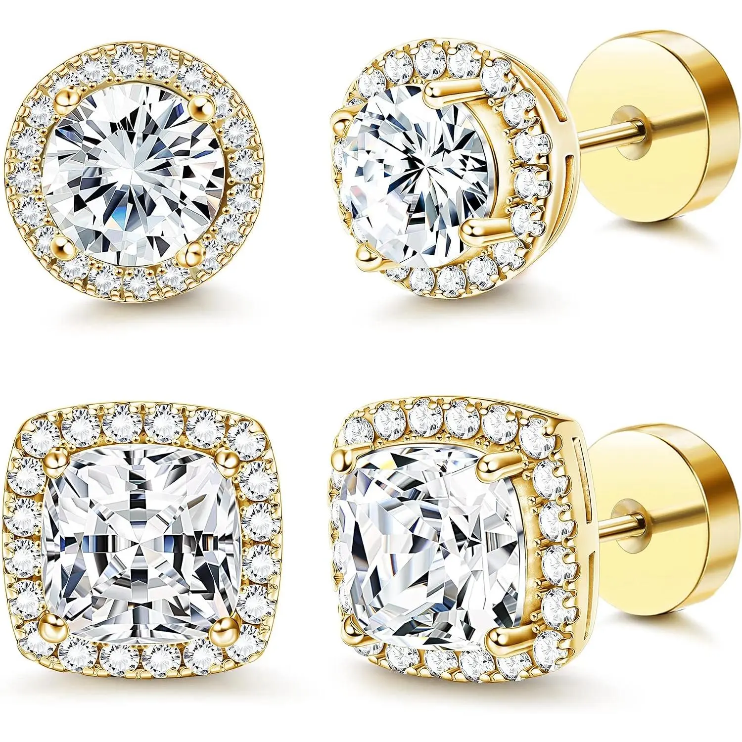 14K Flat  Round Square Stud Earrings for Men Women Large Big Cubic Zirconia Stud Earrings Mens Earrings Flatback Earrings