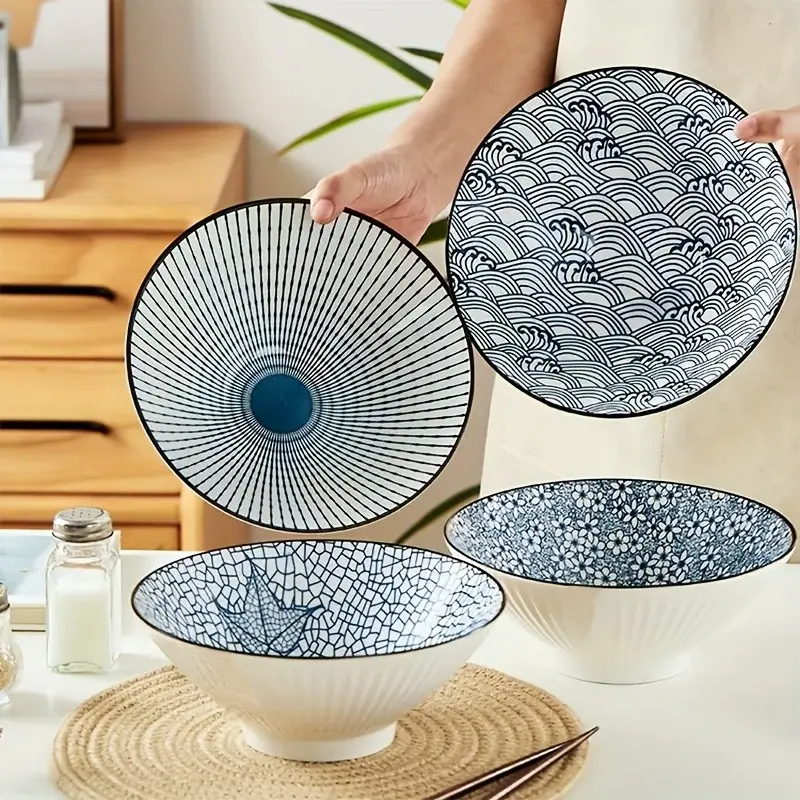 4 Piece Ceramic Dinnerware Set, 8 Inch Bowl, Pasta Bowl, Salad Bowl, Ceramic Food Bowls, Japanese Style, Microwave Safe, Durable & Stylish Design