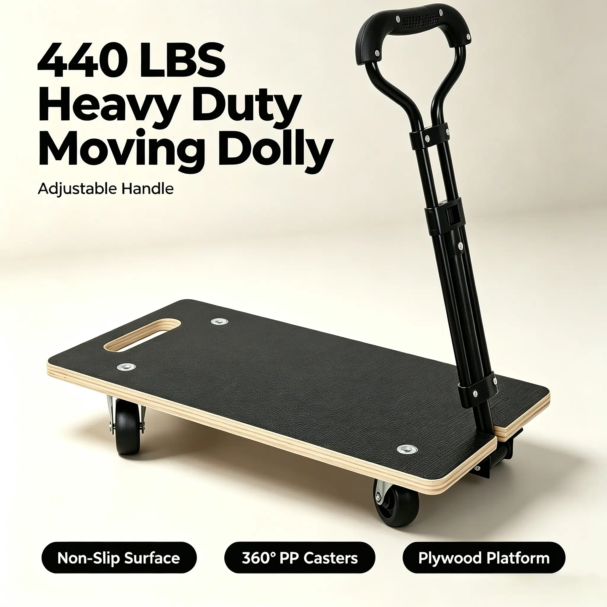 Heavy Duty Plywood Base Wooden Moving Dolly - Ergonomic Adjustable Handle, 440 LBS Capacity, 3" PP Casters Furniture Movers High Capacity Utility Cart for Heavy Goods, Camping