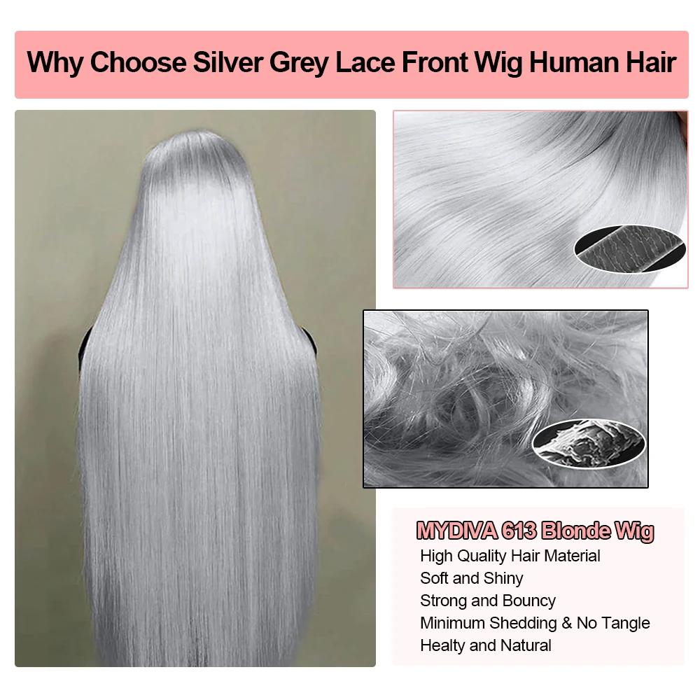 Bling Hair 30 Inch Silver Grey Straight 13x6 Hd Lace Frontal Human Hair Wigs Colored Hair Pre Plucked 13x4 Transparence Lace Front Wig 100% Human Hair Brazilian For Women