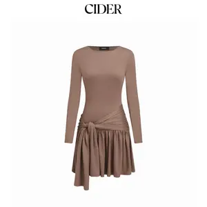 Cider Round Neckline Long Sleeve Tie Side Mini Dress Dealsforyou