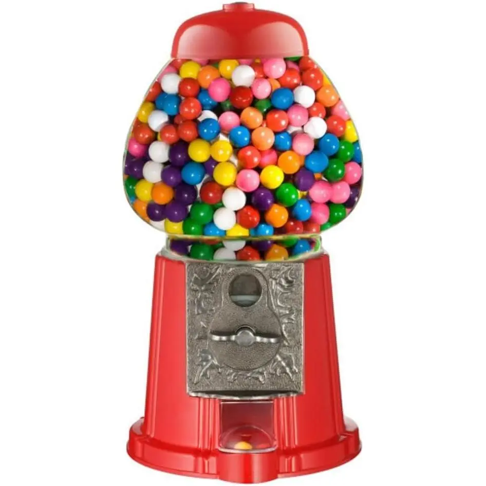 Gumball Machine with Coin Bank, Red, 15" | Bubble Gum Machine Candy Dispenser with Glass Globe and Metal Base - Vintage Style Gum Ball Vending Dispenser