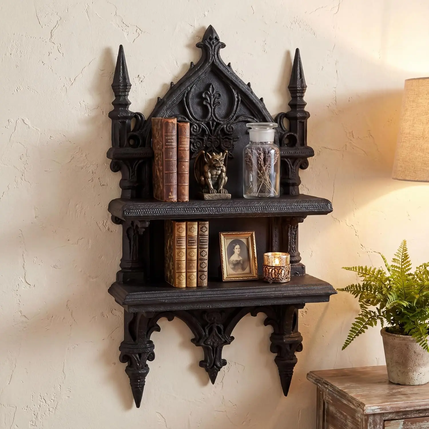 Novabright Gothic Crystal Shelf Gothic Display Furniture Black Plastic Floating Wall Mount Shelf Medieval Witchy Bedroom Decor for Bedroom Living Room Reading Studio Perfume Organizer Collection