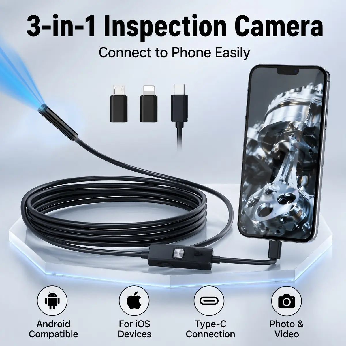 Three-In-One Apple Android Industrial Borescope, Drain Pipe Detector, Car Repair Probe, Versatile Inspection Tool for Professionals, Inspection Camera, Connect to Phone