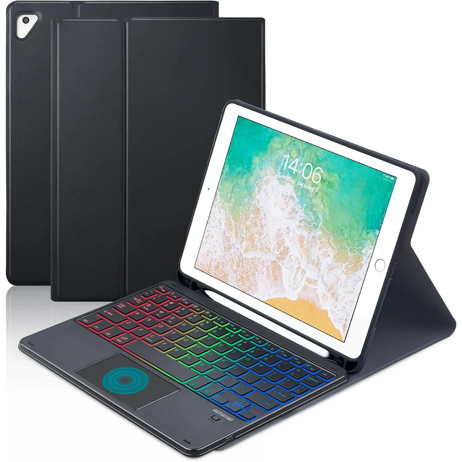 Touchpad Keyboard Case for iPad 6th 2018/5th Generation 2017 9.7 inch, 7-Color Backlight Type-C  Keyboard with Pencil Holder Cover Fit iPad Air 2/Pro 9.7 (Black)