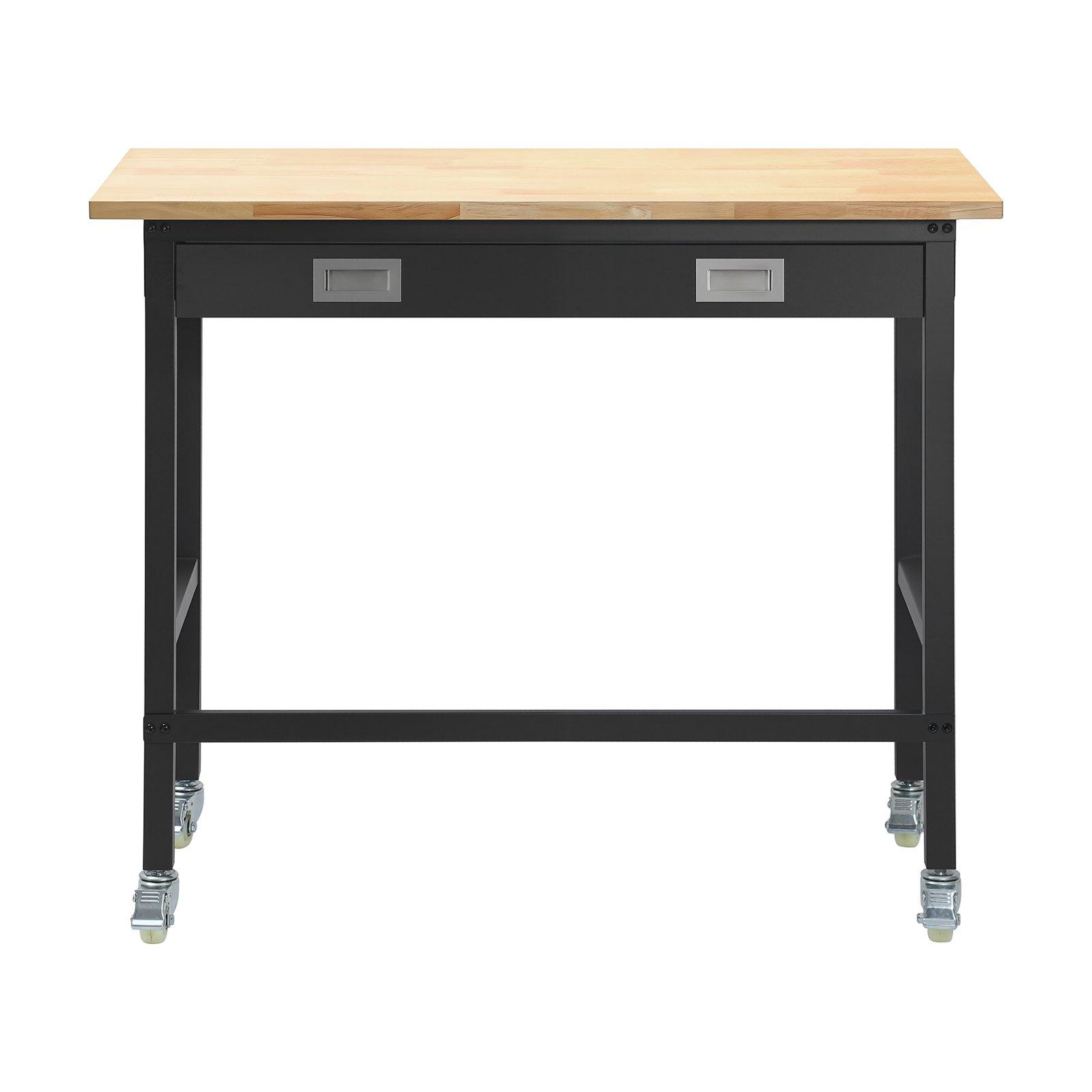 VEVOR 48-inch Workbench, 1500 lbs Load Capacity, Garage Workbench with Drawer Storage & Wheels, Workshop Bench on Wheels, Heavy Duty Oak Wood Top Work Table for Garage, Workshop, Office, and Home