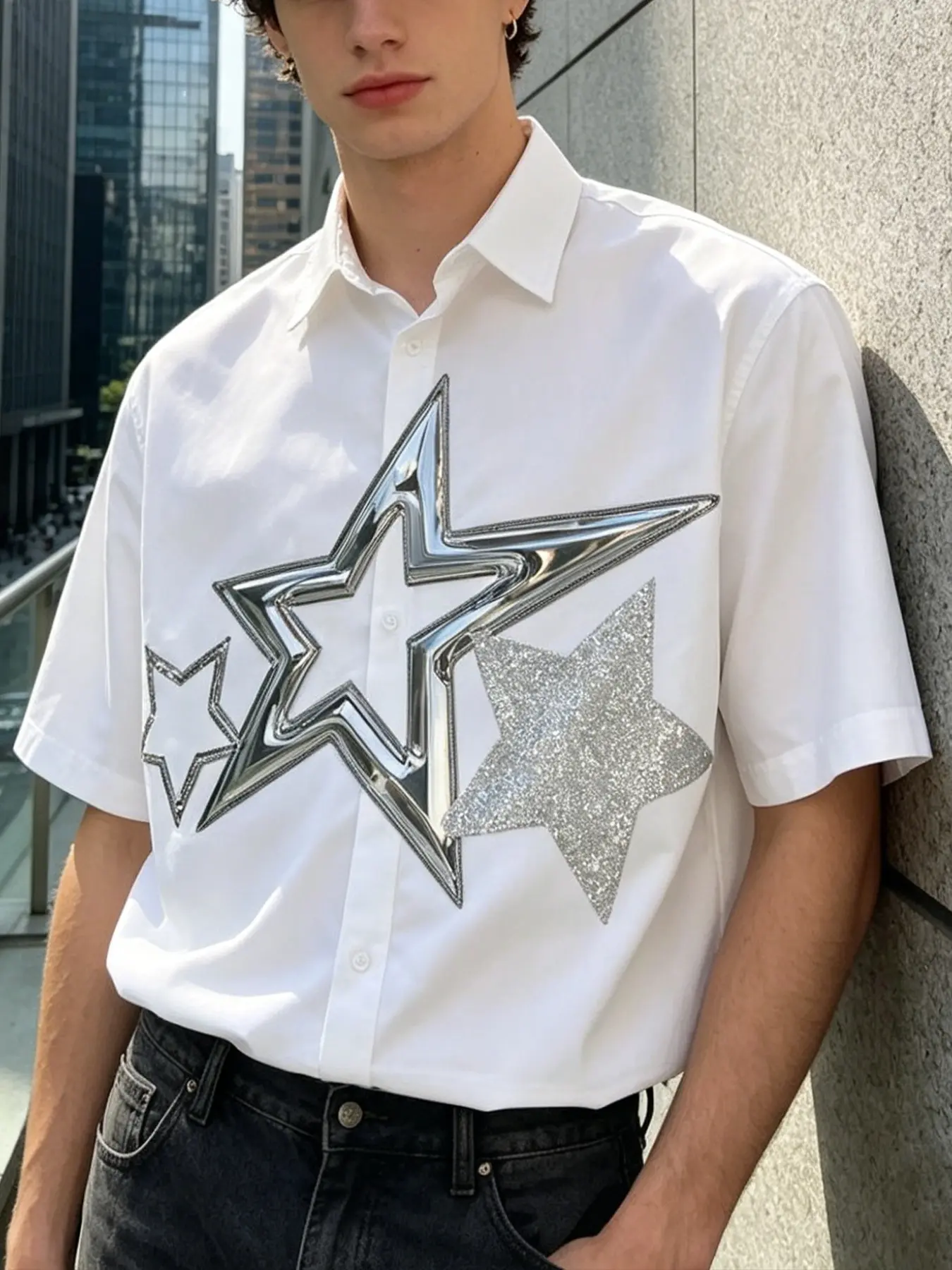 Short Sleeve Blouse, Silver Color Mirror & Glitter Stars Patch, Fitted Cut, Casual Style, All Seasons, Trendy Fashion