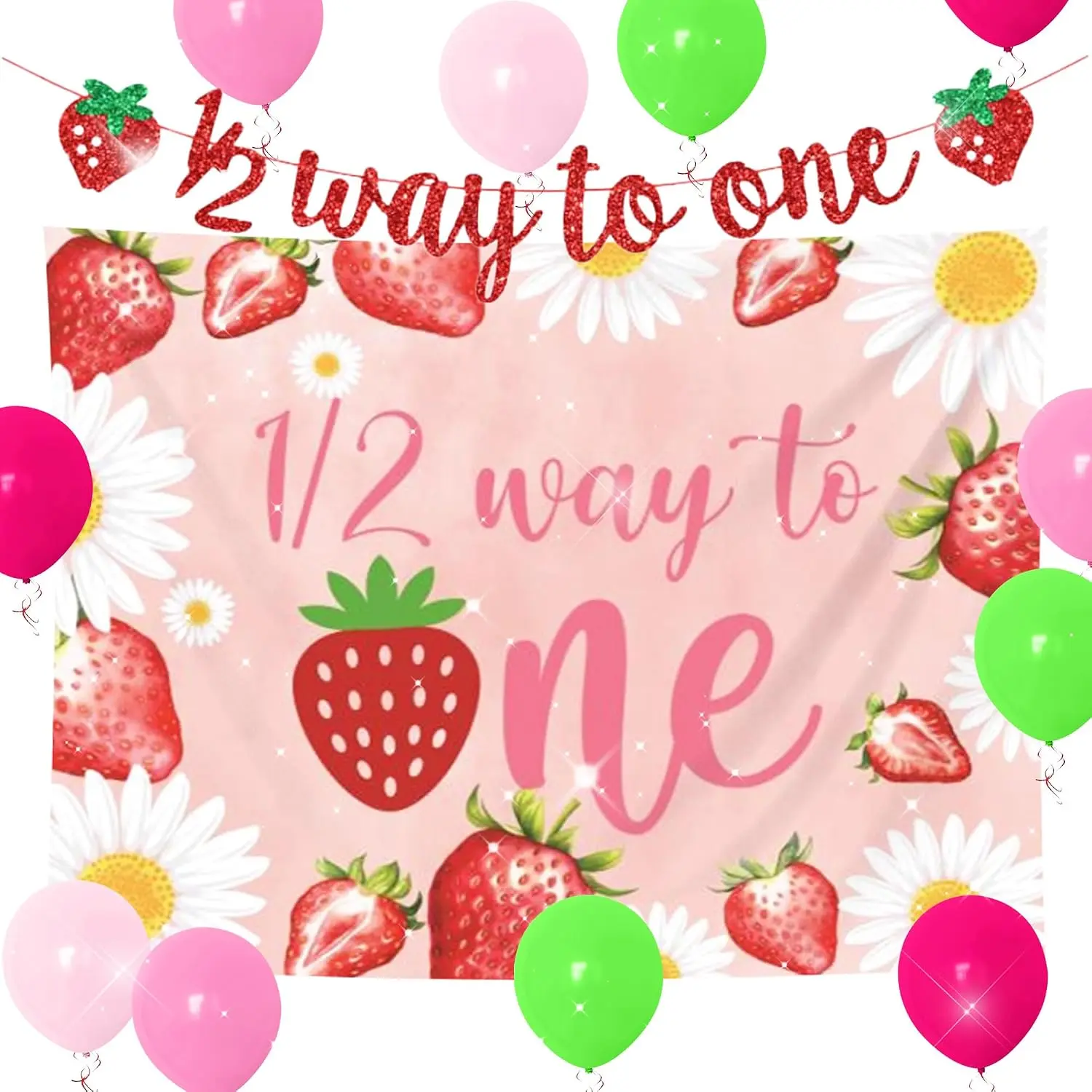 Strawberry Themed Half Birthday Party Supplies Kit - 6 Months/1/2 Way to 1 Decorations, 20 Pcs Party Setup with Glitter Banner, Latex Balloons for Birthday Events