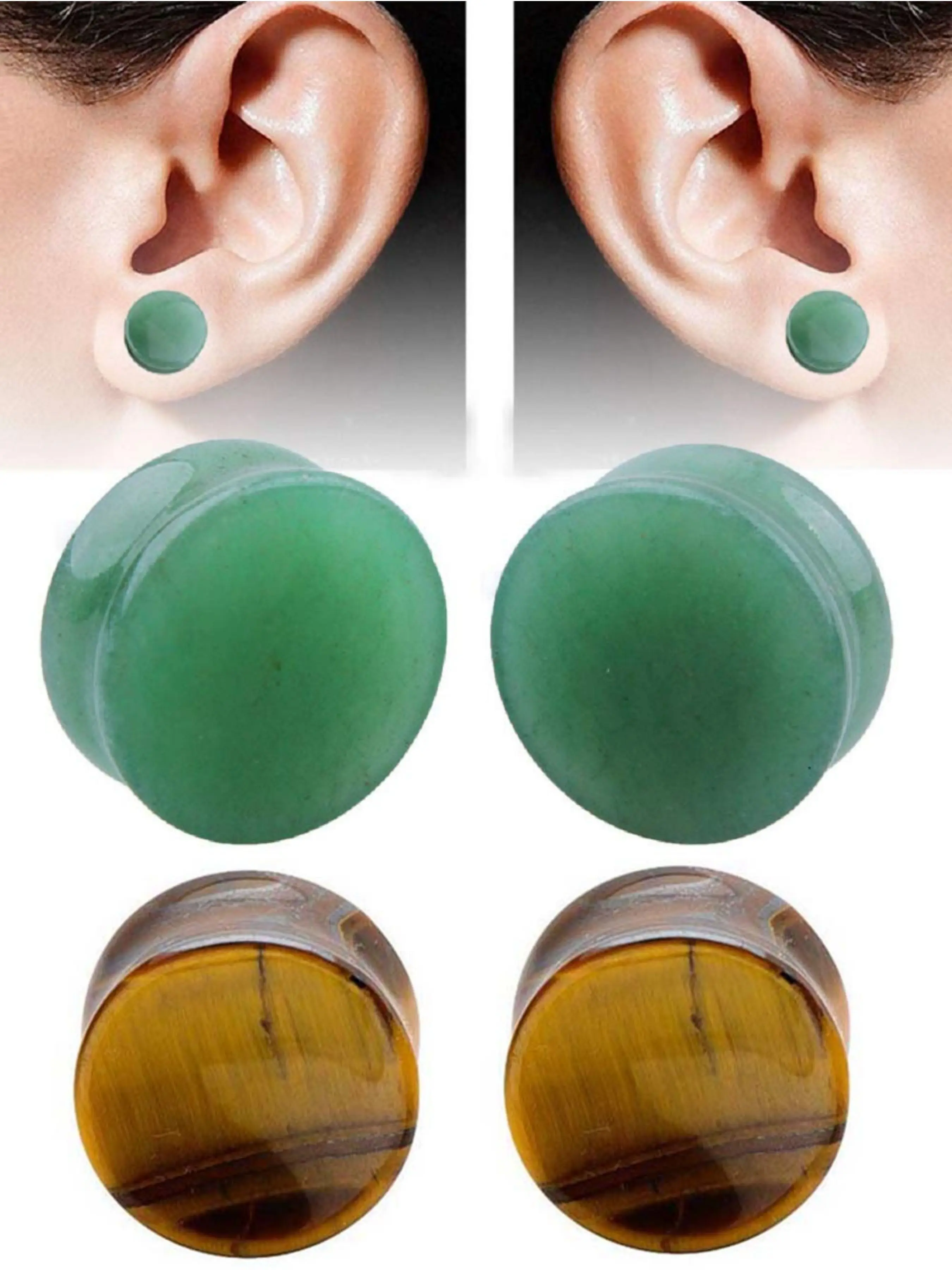 2Pairs Tiger Eyes & Green Jade Ear Plugs Natural Stone Gauges Tunnel Expanders Double Flared Body Piercings Ear Jewelry For Women And Men Glossy Finish Bohemian Style