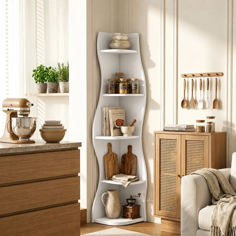 Littleox 5-Tier S-Shaped Corner Shelf - Modern Freestanding Curved Decorative Display Rack, Space-Saving Shelves for Living Room, Bedroom Home Decor, Room Decor