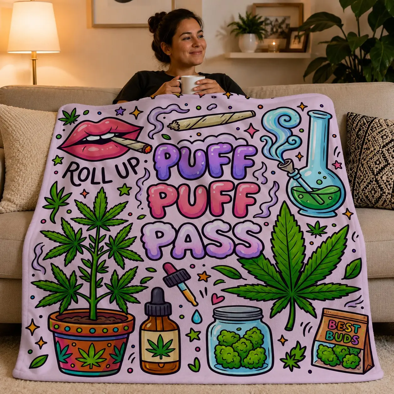 Puff Puff Pass Throw Blanket, Cannabis Leaf Flannel, Soft Cozy Stoner Decor Home Decor Blanket, Ideal for Sofa Bed Couch, Perfect Gift, Decorative Blanket