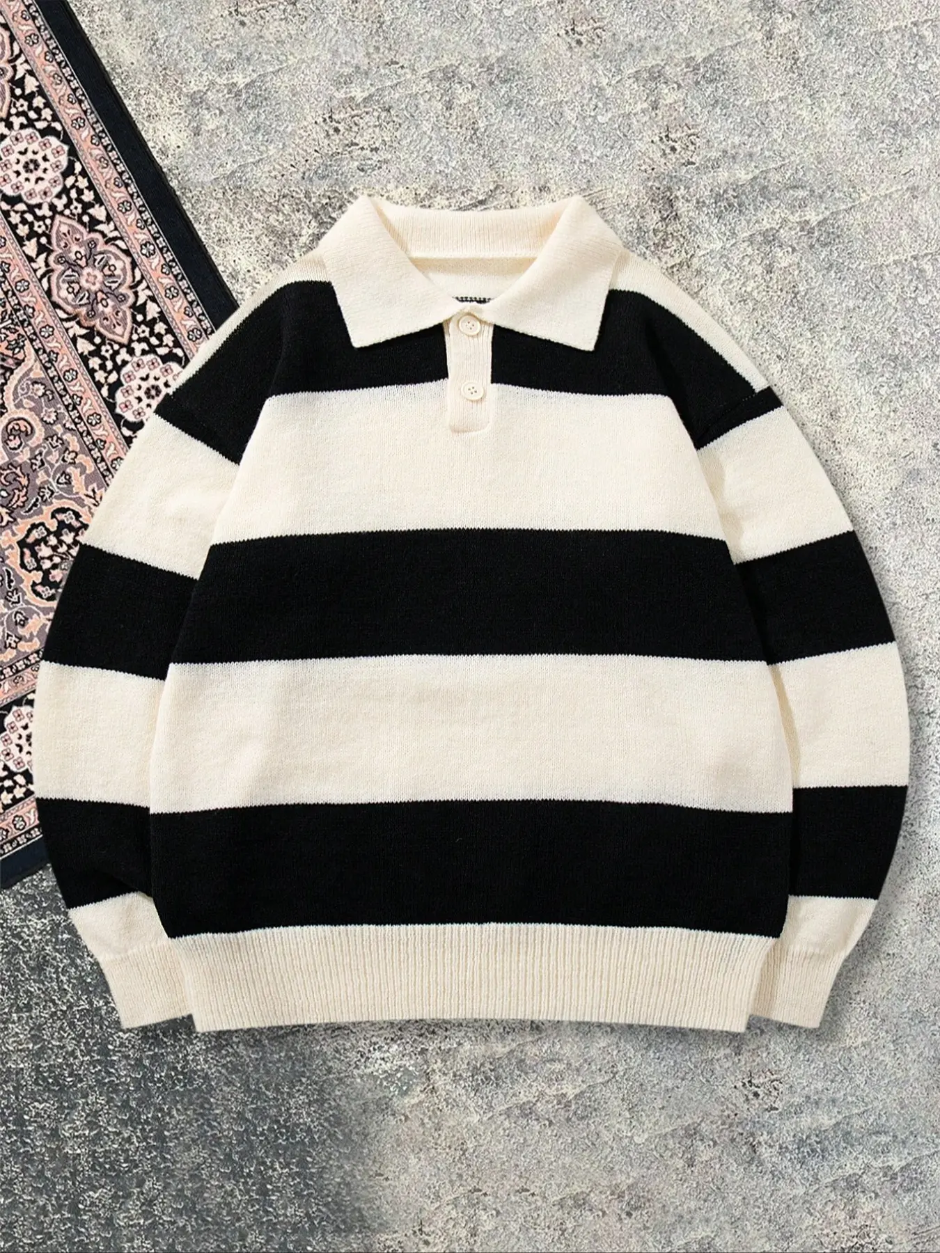 Men's Striped Long Sleeve Collared Sweater, Loose-Fitting Korean Style, Casual Button Closure, Spring & Fall Wear, Ideal Gift for Loved Ones