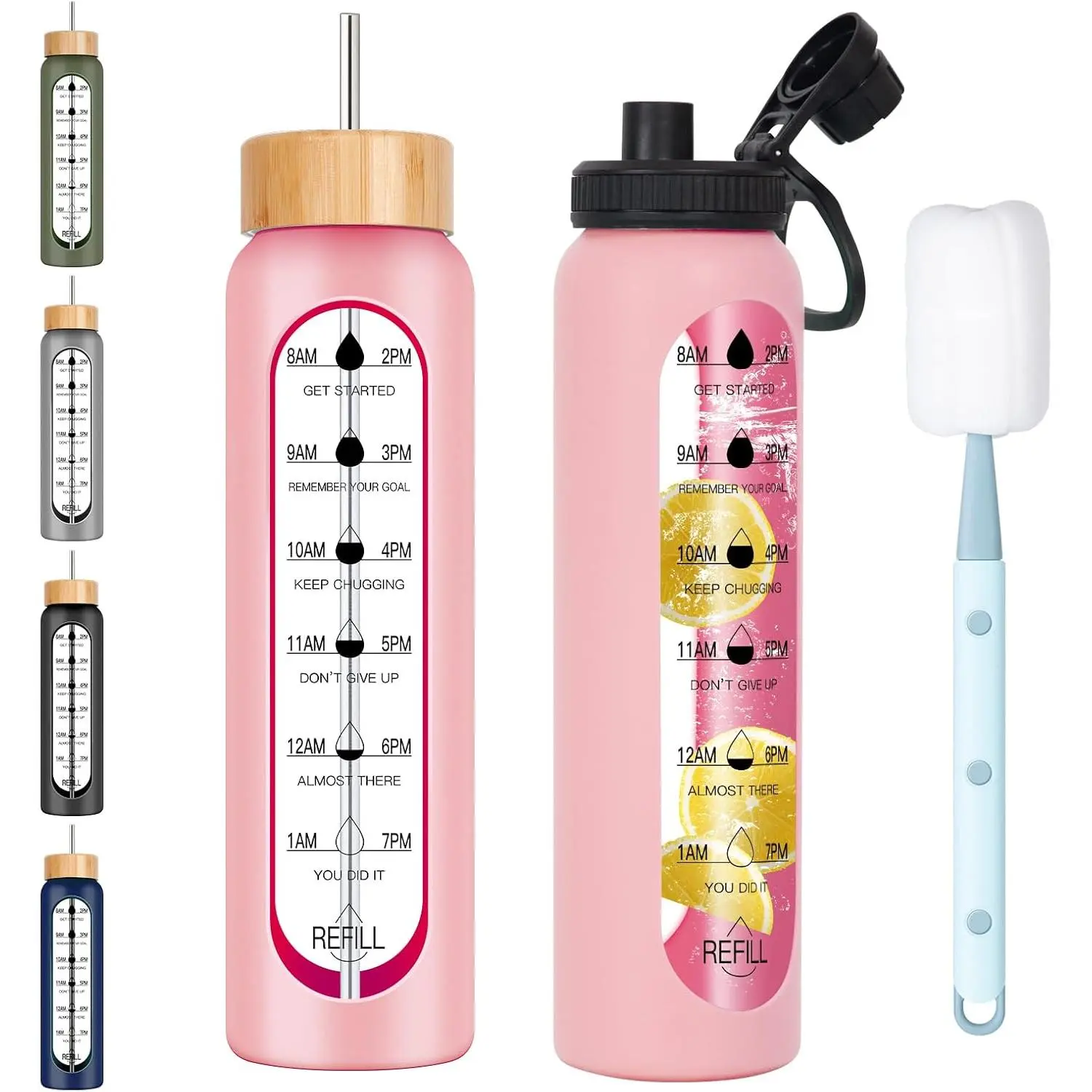 32oz Glass Water Bottle with Time Marker, 2 Lids-Handle Spout Lid & Bamboo Straw Lid, 1 Liter Motivational Borosilicate Water Bottle for Gym, Office, Travel (Pink)