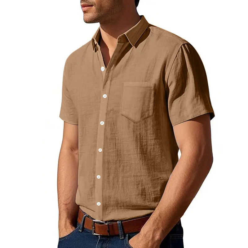 Men's Linen Cooling Button-Front Shirt, Menswear Tops with Chest Pocket, Lapel Collar, Relaxed Fit, Short Sleeve, Plain Casual Basics