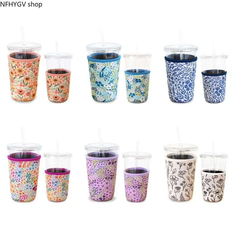 Assorted Floral Print Neoprene Cup Cooler Sleeve 2 Size Reusable Insulated Tumbler Holder, Stretchable Anti Scald Beverage Cover for Iced Coffee Soda Daily Outdoor Use