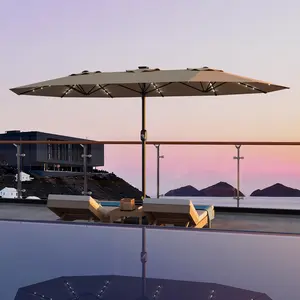 15 FT Patio Umbrella with Base Included, Patio Table Umbrella with solar lights, 10 Sturdy Ribs UV Protection Waterproof for Garden, Pool, Deck, Backyard