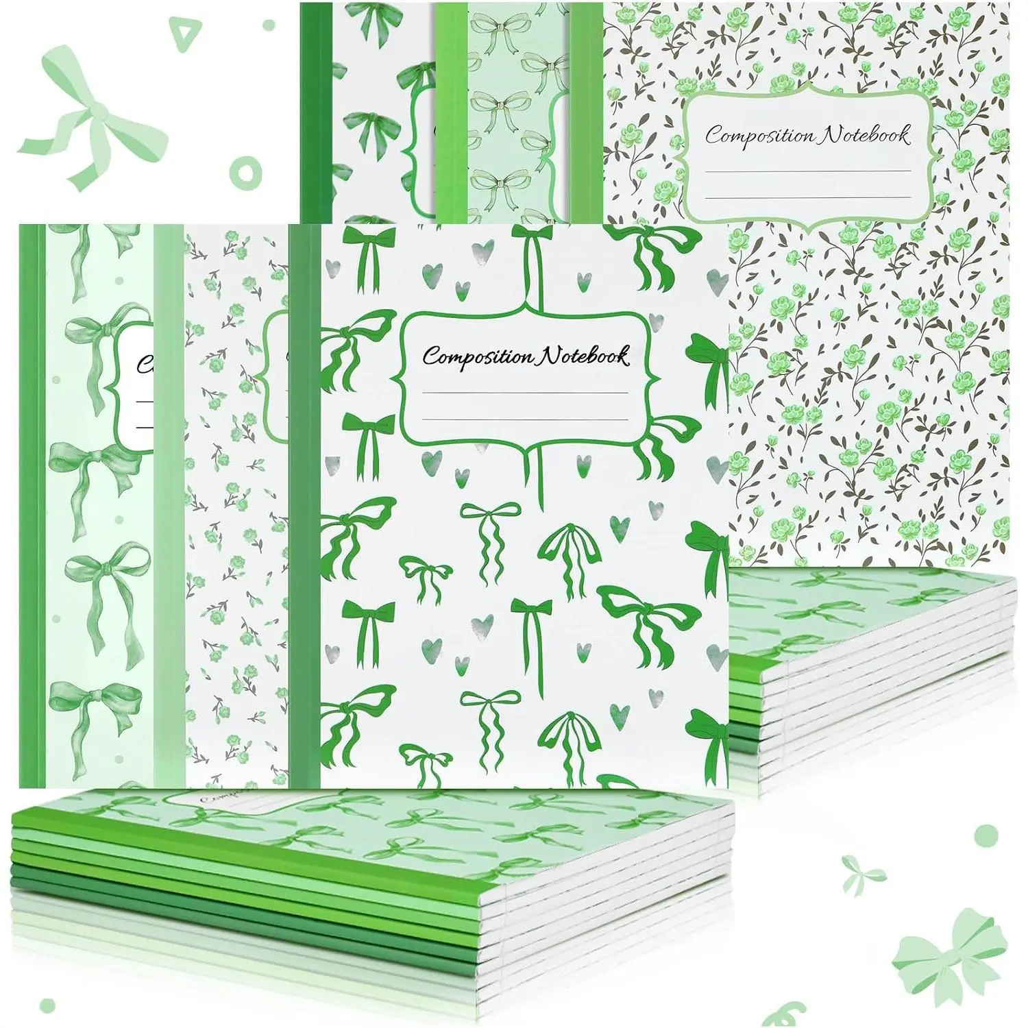 6 Pack Composition Notebook College Ruled Bulk Green Bow Composition Notebook Preppy Aesthetic for  to School Supplies 110 Pages 9-3/4 x 7-1/2" Cute Journal for  of School Office