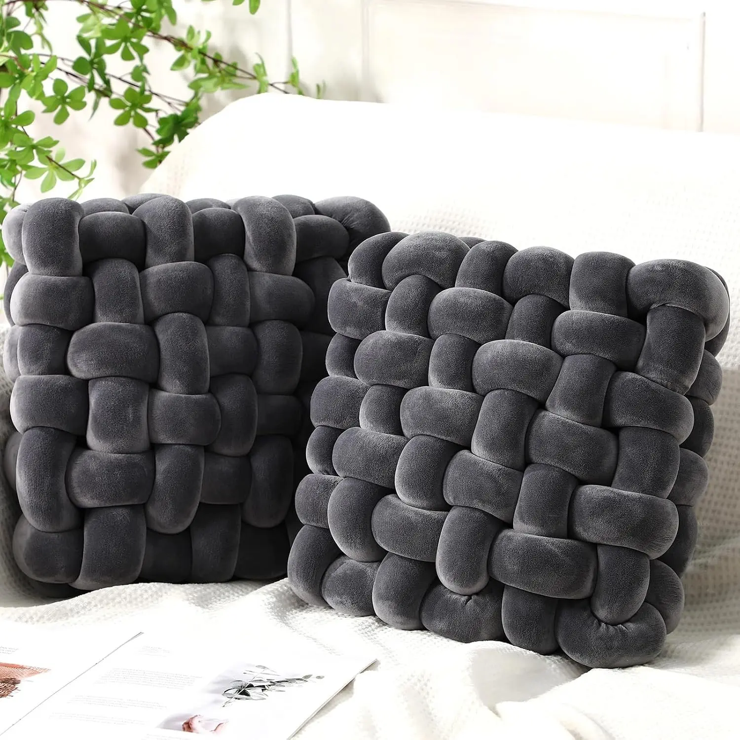2 Pcs Modern Square Knot Pillows - Small Size 12x13 in Velvet Fabric Crystal Velvet Accent Pillows - Soft Plush Throws for Couch, Living Room, Bedroom Furniture Decor, Square Shape