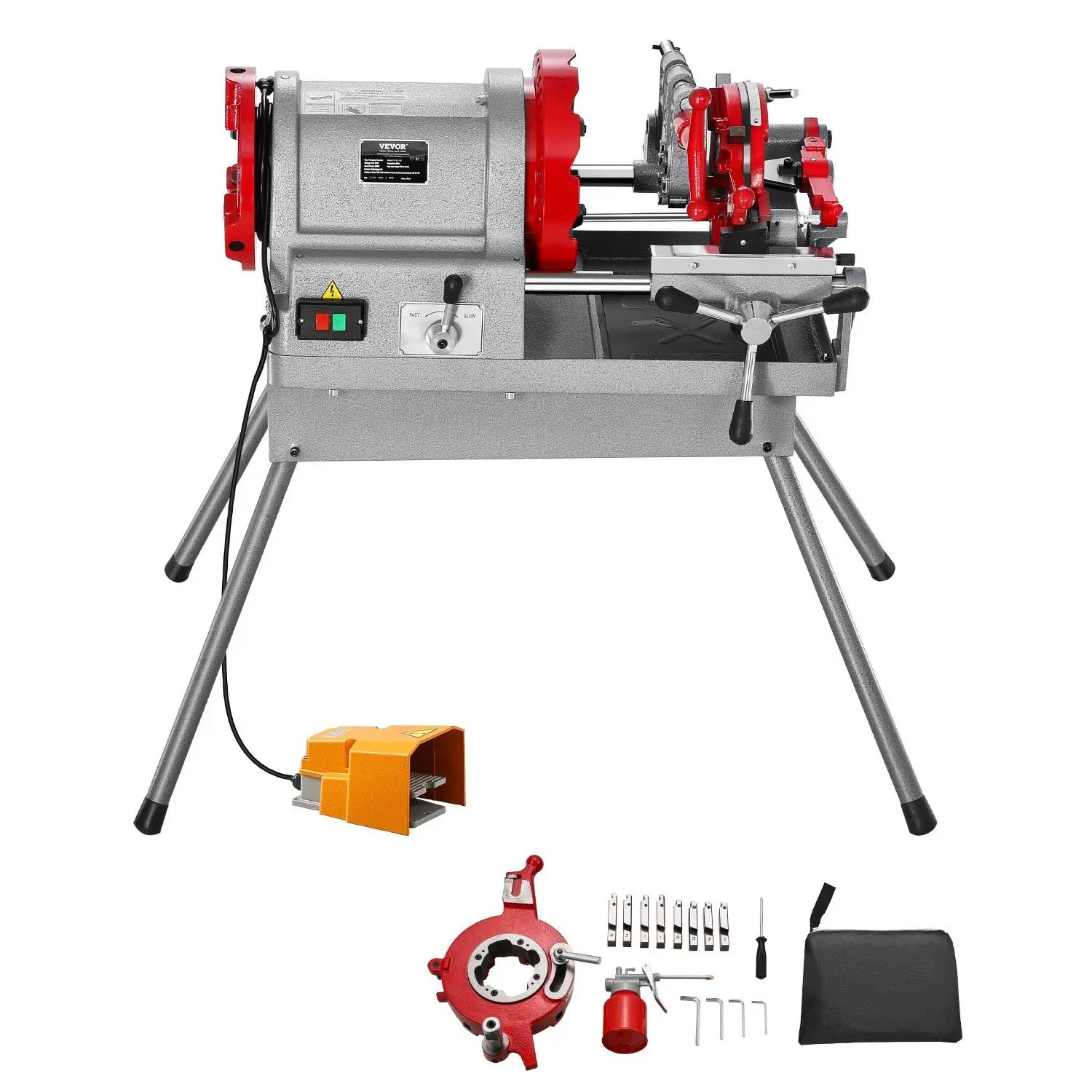 VEVOR Ergonomic Multi-Function Electric Threading Machine with 4-Legged Stand, 900W Power, 2-Speed Adjustment, Pipe Cutter, Foot Pedal for 1/2 to 4 Inch Pipes, Construction Site, Manufacturing Workshop