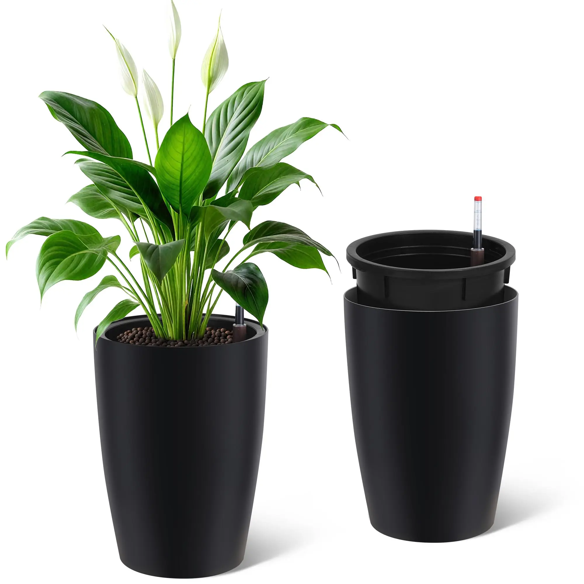Self-Watering Tall Planters Set of 2 – 22" & 16" Large Flower Pots with Drainage, Water Level Monitor, Removable Inner Bucket – Indoor Outdoor for Patio, Porch, Living Room, Office – Black & White