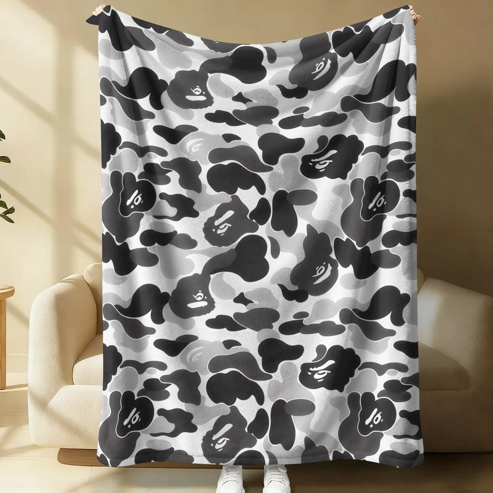 Black White Gray Gradient Abstract Camo Cozy Flannel Blanket, Full Print Pattern Soft Cover, Thick Warm All Season Sofa Nap Blanket, Blankets For Sofa, Decor Blanket For Bedroom Living Room Car, Machine Washable Lint Free Home Blanket