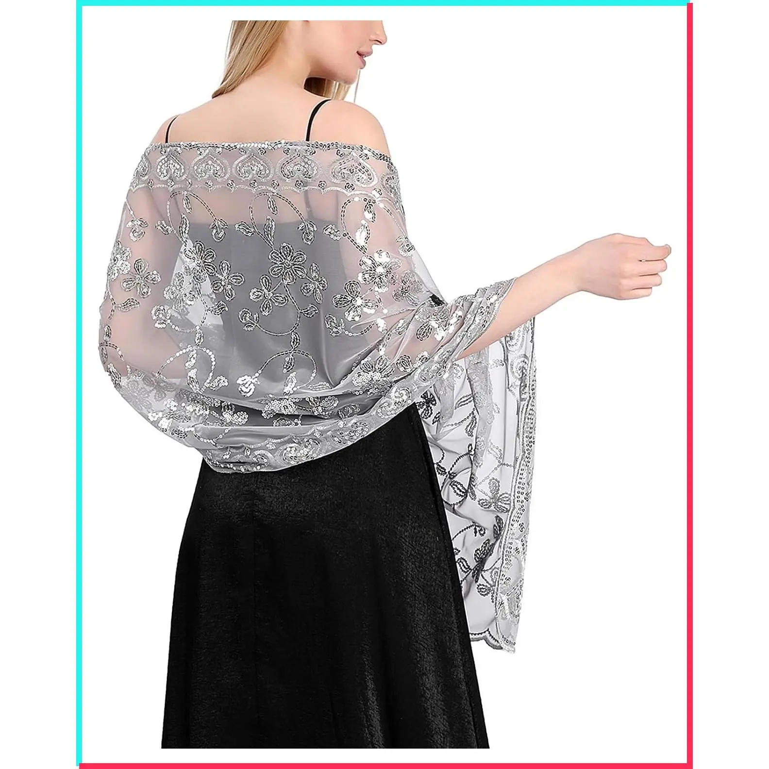 Women's Sequin Floral Shawls and Wraps, Sparkly Sheer Mesh Evening Party Wedding Cover Up