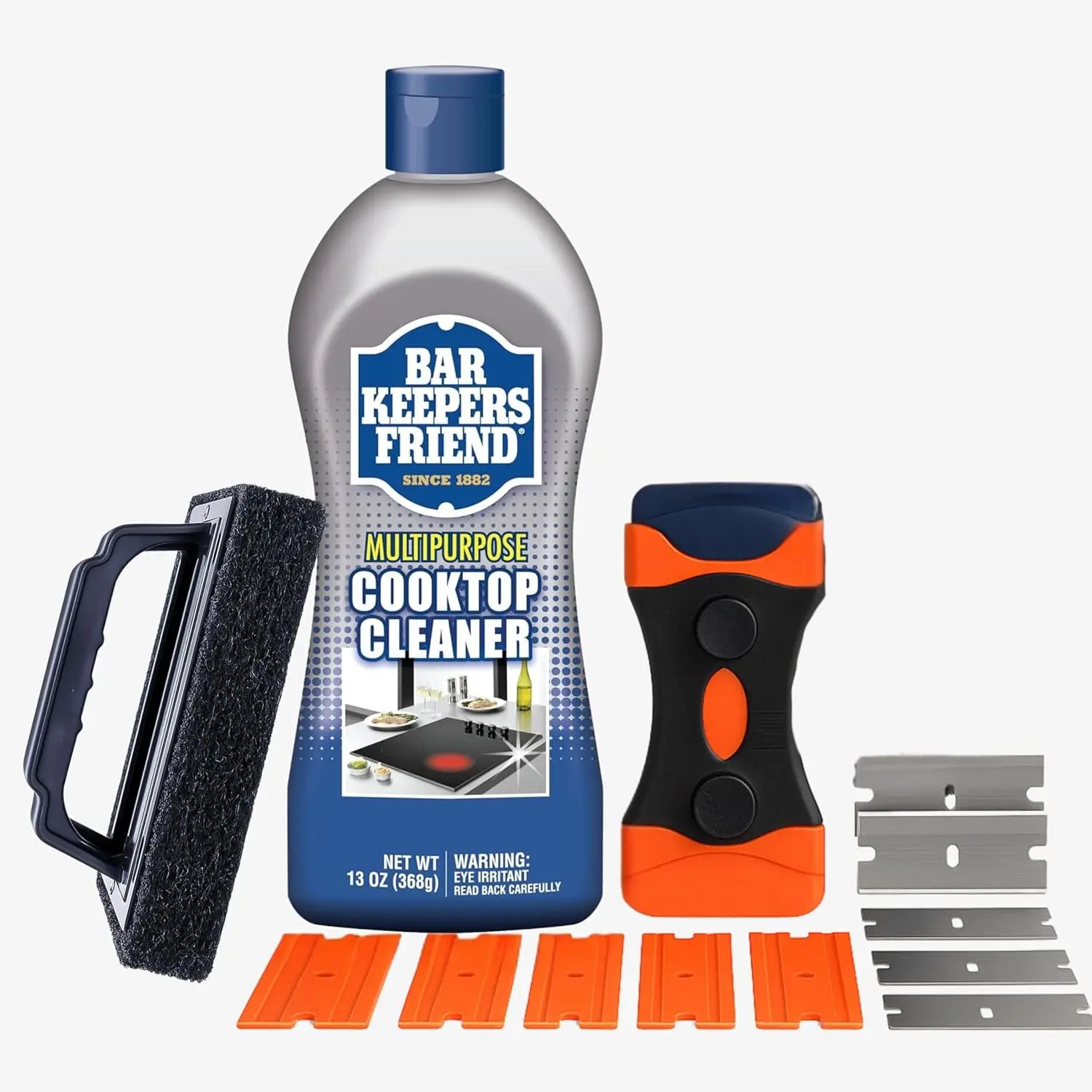 Household Items Glass Stovetop Cleaner Kit (13Pcs) for Electric Flat Top, Ceramic, Gas & Induction Stoves - Includes Cleaner Liquid, Scraper Tool & Scrub Brush for Grease, Oil Stain Removal & Streak-Free Results
