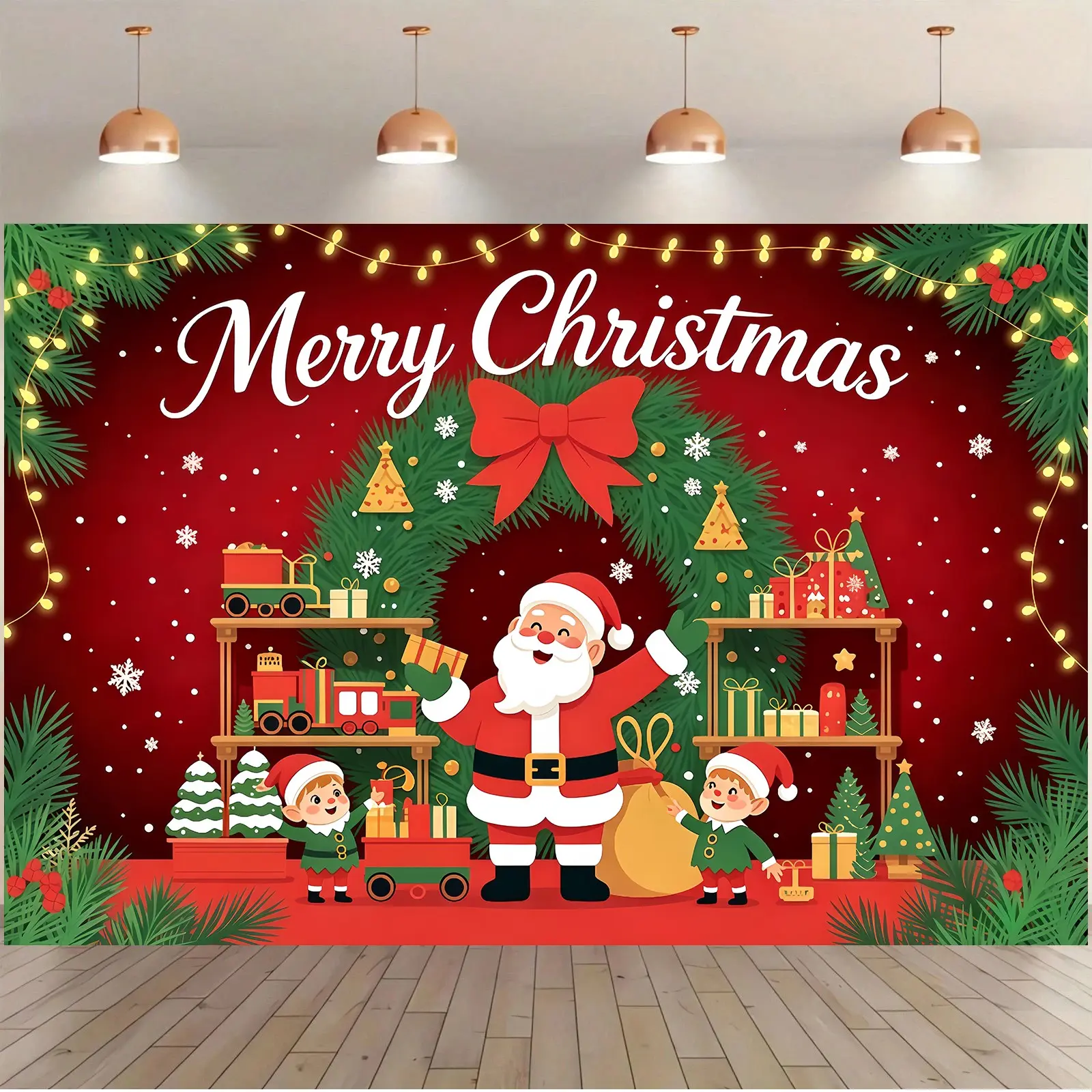2D Flat Merry Christmas Cartoon Santa Elf Photography Backdrop, Vibrant Holiday Decor, Festive Winter Photo Booth Background Cloth