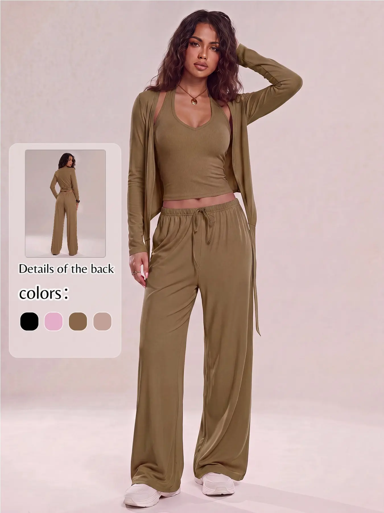 New Autumn/Winter Women's Athleisure 3-Piece Set: Long-Sleeve Wrap Yoga Top, Vest, and Wide-Leg Pants. Featuring Brushed, Skin-Friendly Fabric that is Breathable and Comfortable. Perfect for Workouts, Fitness, and Everyday Stylish Wear.