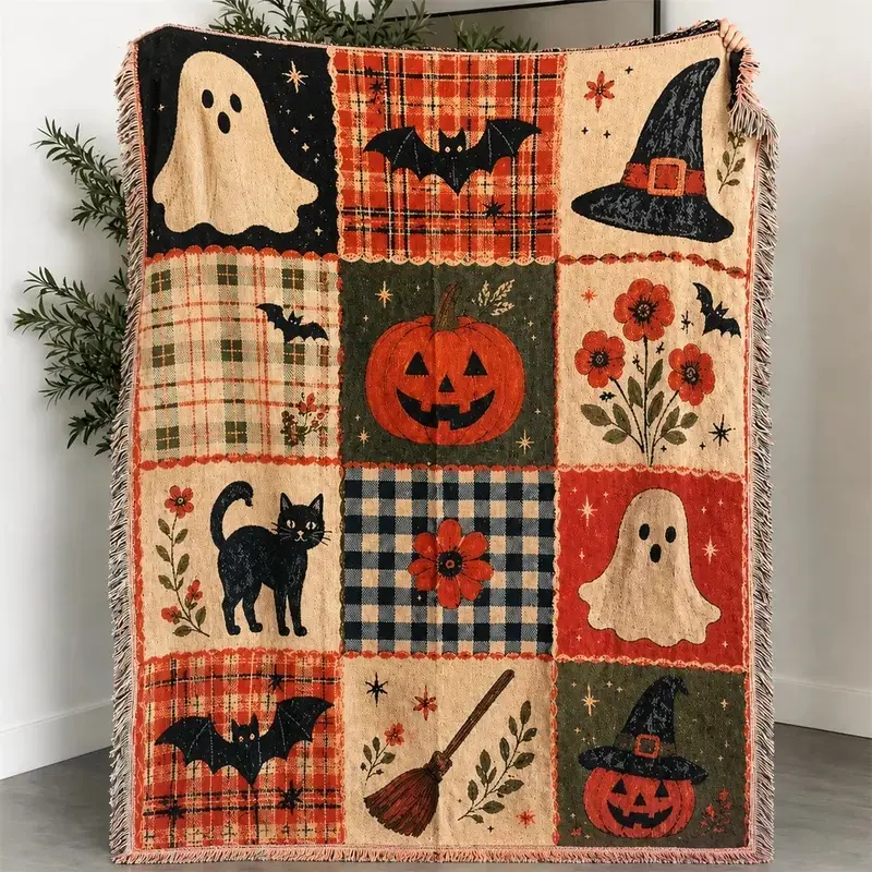 Halloween Patchwork Style Woven Blanket with Tassel Bed Blanket, Decorative Blanket, Multi-Function for Sofa Cover, Couch Throw, Armchair, Home Decor, Outdoor Picnic, Camping, Blankets for Sofa
