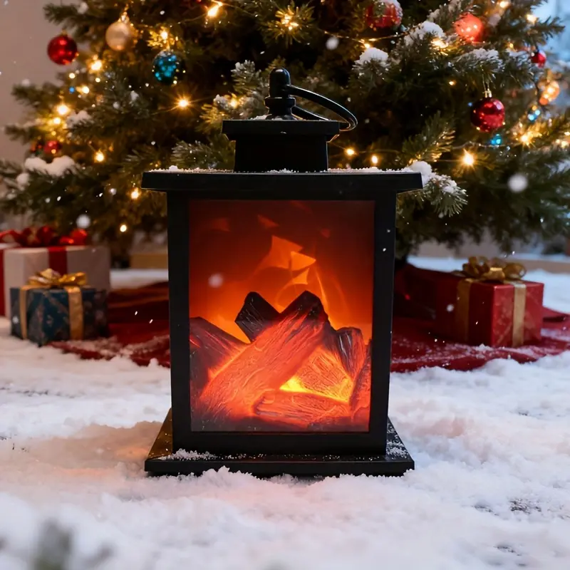 Christmas LED Fireplace Lantern, Battery Powered Portable Flame Effect Lamp, Cozy Winter Tabletop Decoration for Home, Bedroom, Living Room, Window Sill and Holiday Party