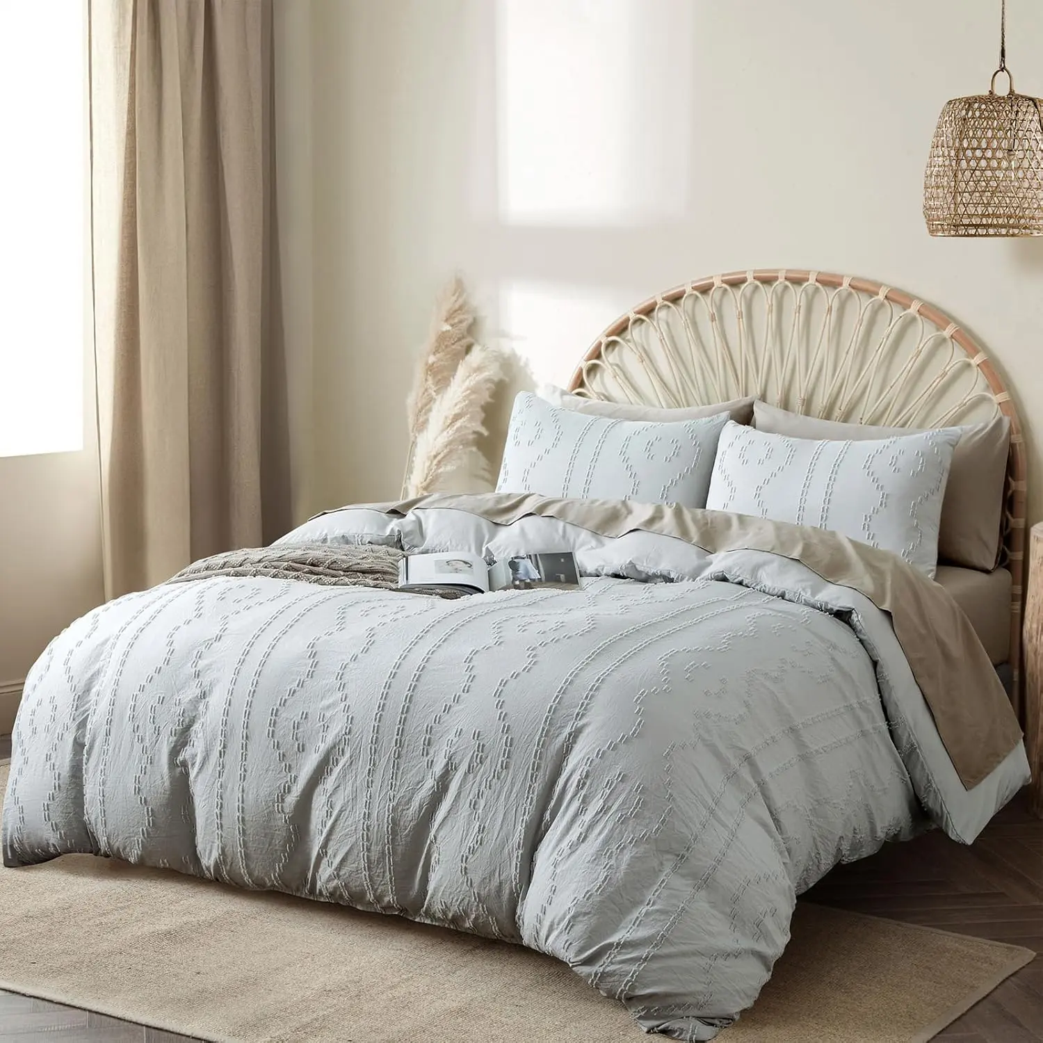 Duvet Cover Queen, 3PCS Boho Duvet Cover Set, Geometric Pattern Tufted Bohemian Comforter Cover Knit Textured Bedding Set with Zipper Closure (Light Grey)