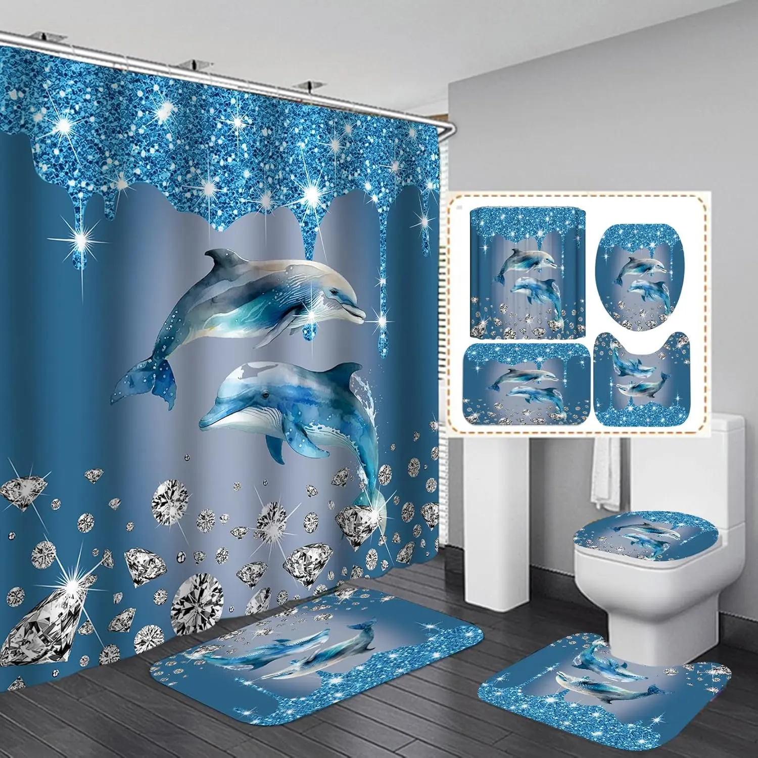 Thick Flannel Waterproof & Water-Resistant 4PCS Diamond Dolphin Shower Curtain Bathroom Set, Including Rugs, Toilet Lid Cover & Bath Mat, Blue Shower Curtain with 12 Hooks for Bathroom Decor