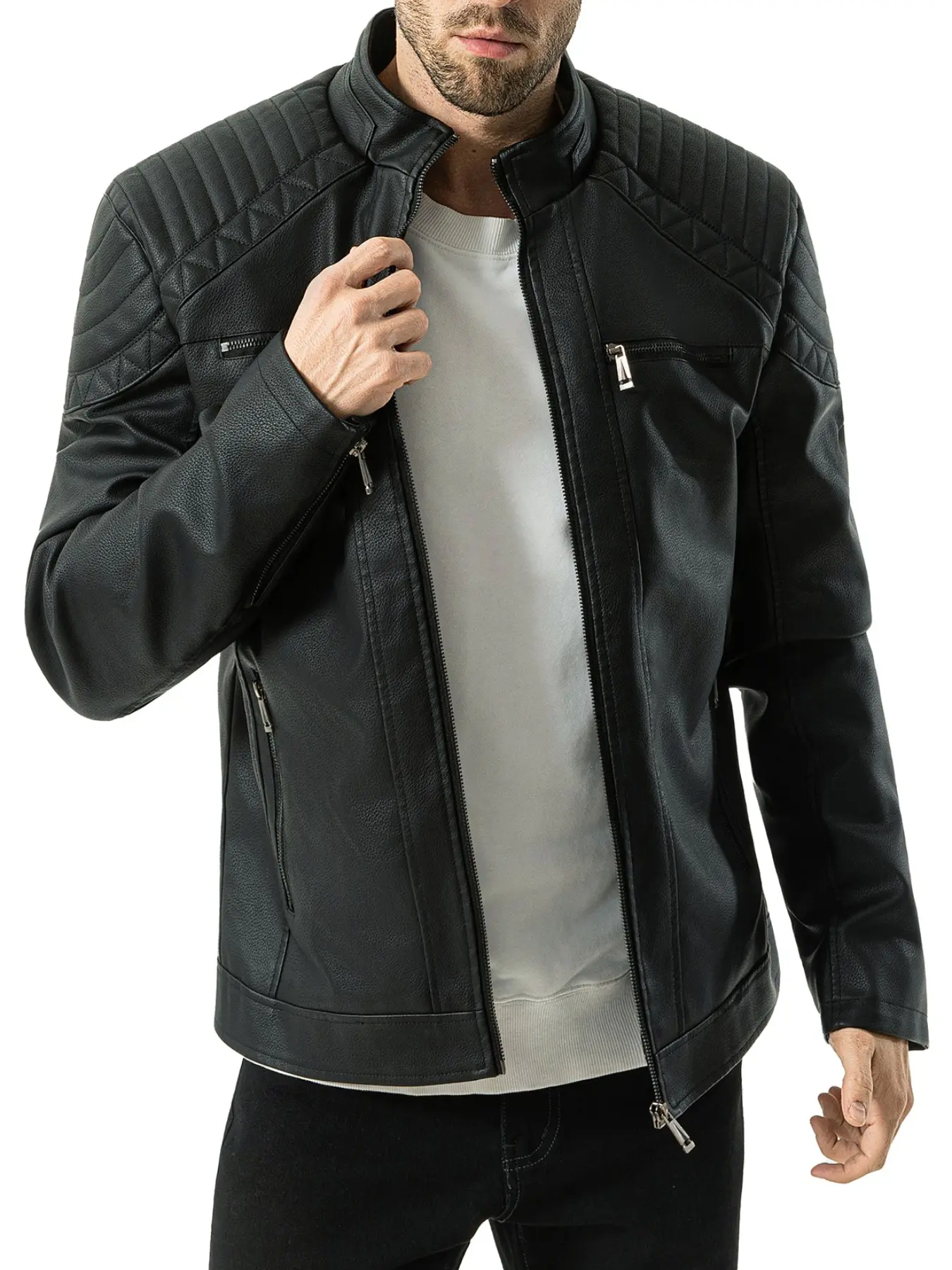 Men's Fall Winter New Casual Long Sleeve Zipper Leather Jacket, Fashion Riding Leather Jacket, Outdoor Windproof Coat, Street Style Stand Collar Jacket