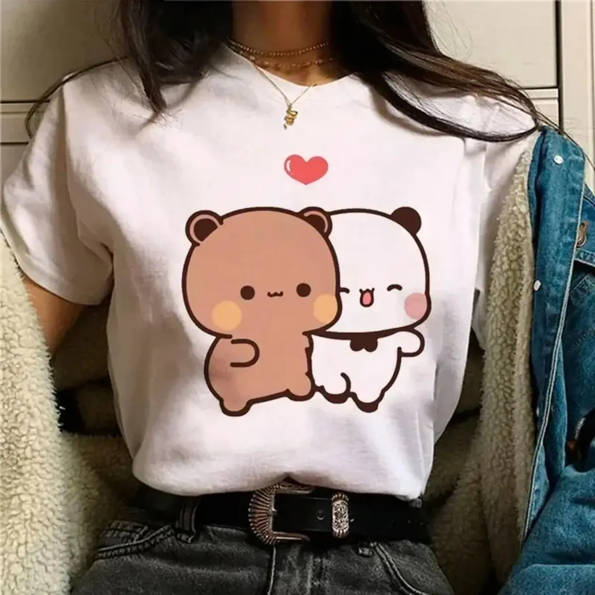 Bubu Dudu Cute Cartoon Graphic T-Shirt, Women Fun Harajuku Style Summer Cotton Breathable Loose Casual Short Sleeve Tops Tees