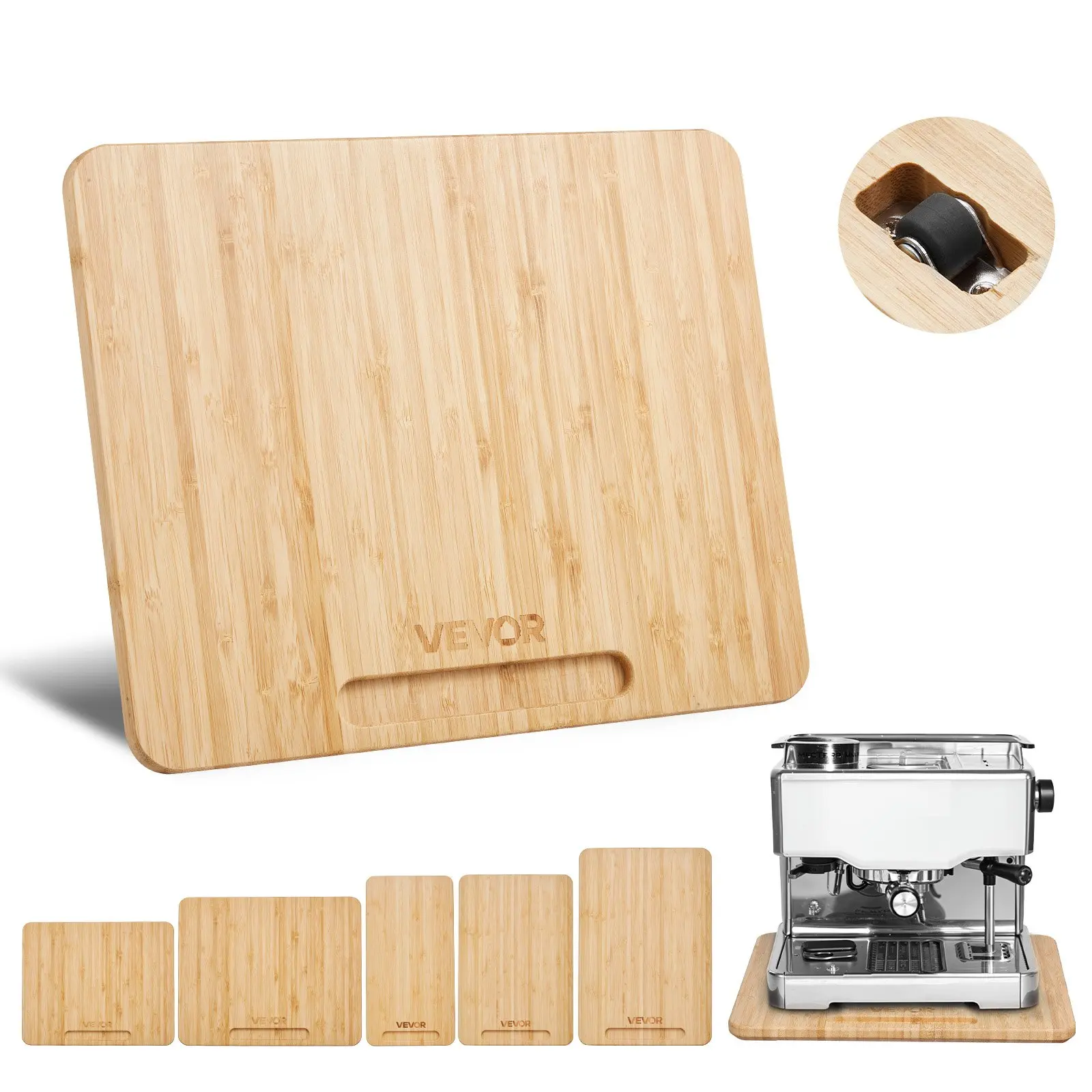 【toolupgrade】VEVOR Natural Wood Appliance Rolling Slider Tray, 10.5x13-in, Hollow Handle, Rubber Wheels, Silent Movement, Easy to Clean, for Kitchen Countertop Coffee Maker