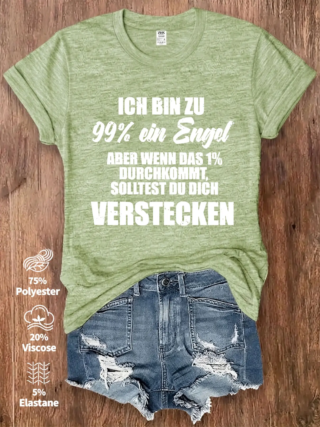 Women Ich Bin Zu 99% Ein Engel Aber Wenn Das 1% Durchkommt Solltest Du Dich Verstecken Funny German Sarcastic Meme Vintage Distressed Dual Font Text Print Tees Humorous Personality Word Graphic Short Sleeve Tops Casual Daily Clothes For Ladies Coffee Shop
