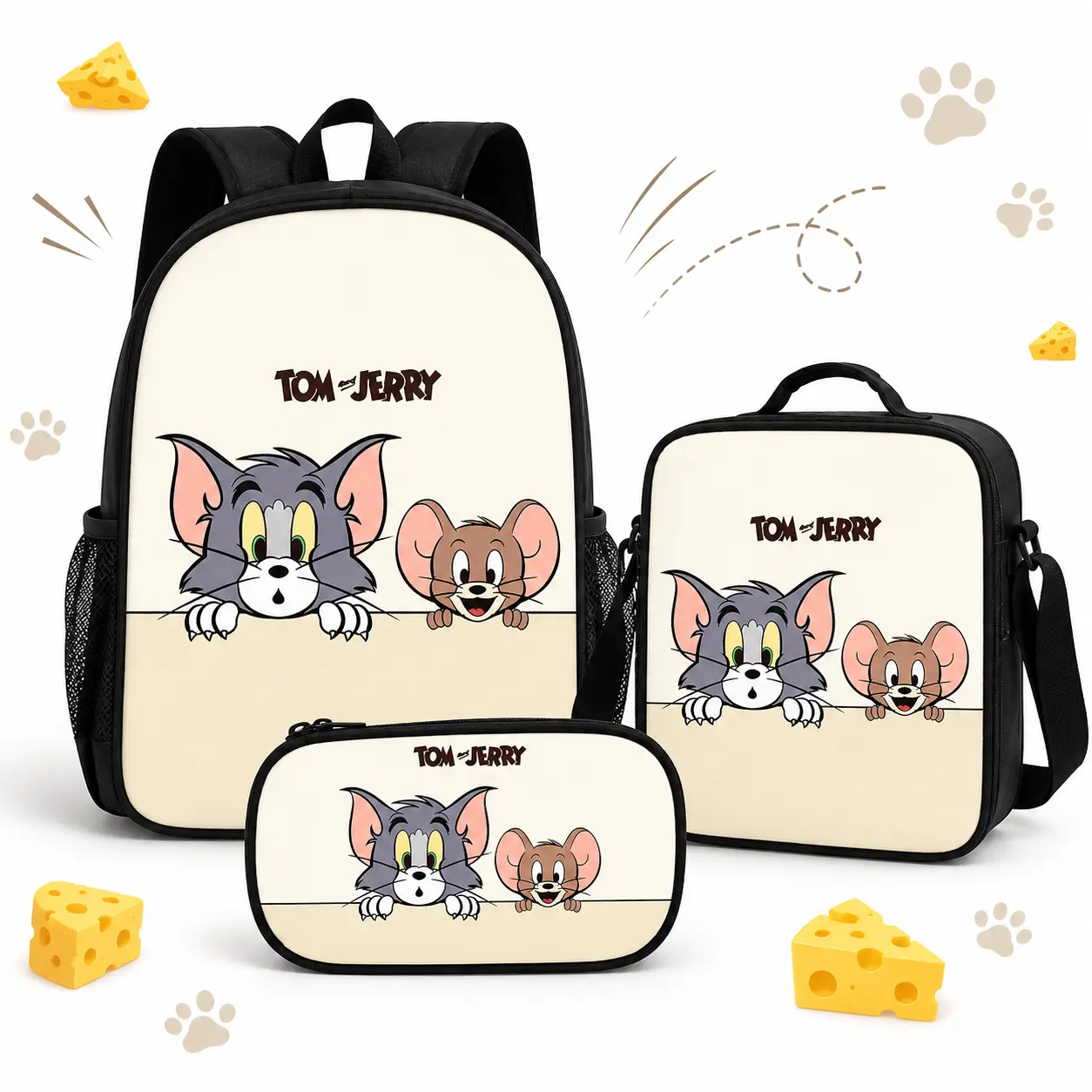 Tom and Jerry 3-Piece Backpack Set, School Bag with Matching Lunch Bag and Pencil Case, Cute Cartoon Back to School Essentials,sport backpack,lightweight,Pastel,Embroidered,Canvas,Tote,Bags,Adjustable,Crossbody,Shopping Ba,Men,Chri,Drawstring,Gym,Sackpack