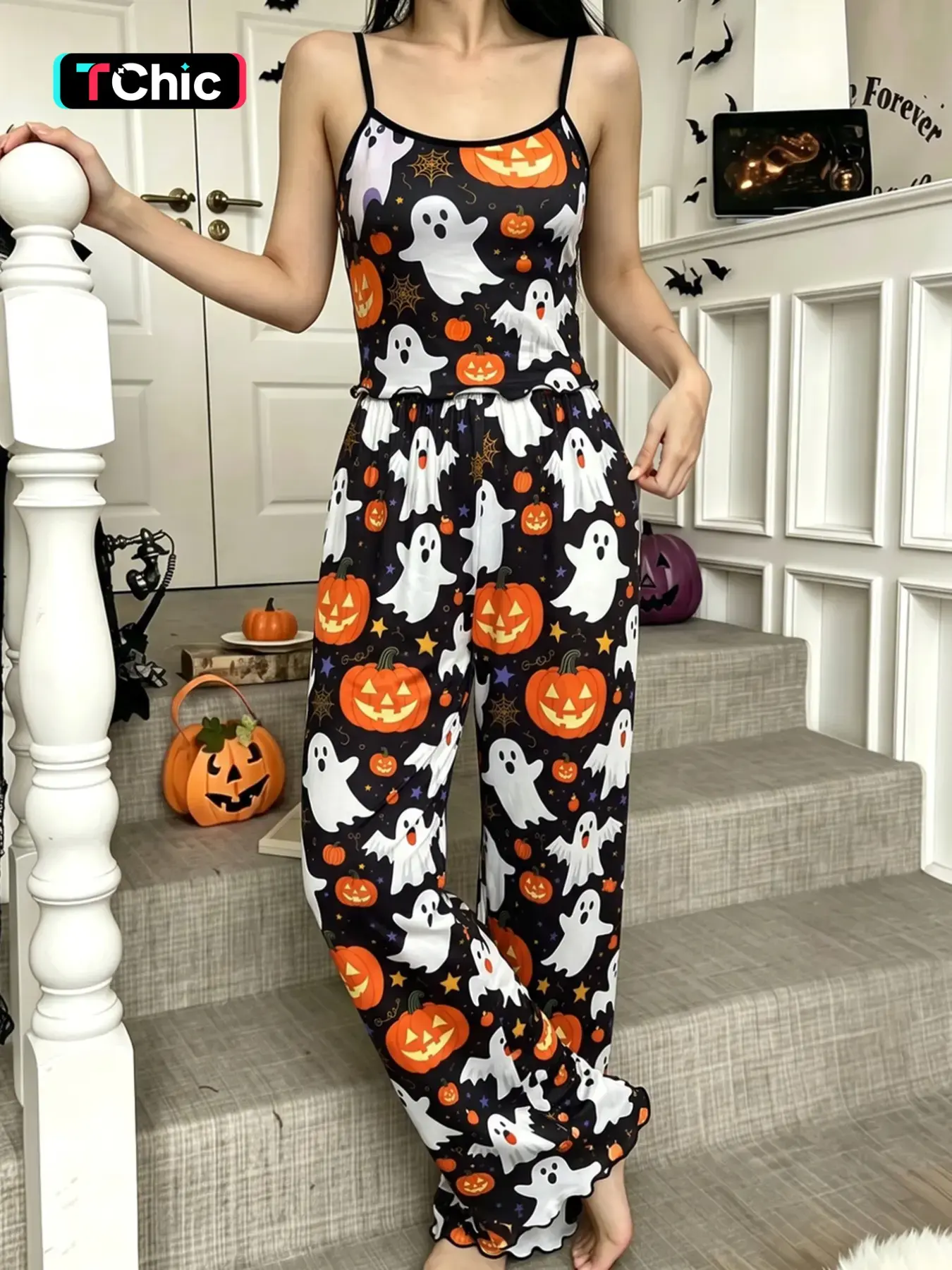 Halloween Theme Milk Silk Home Set, Simple Strap Top & Long Ruffle Sleep Pants, Pumpkin Ghost Star Print, Lightweight Women's Lounge Wear
