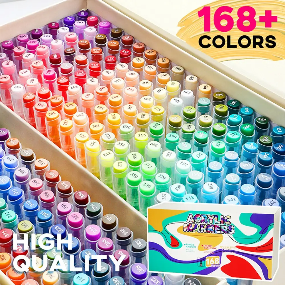 High Elasticity Acrylic Marker Pens, Drawing Markers, Art Drawing Supplies, 12-168 Colors Set, Waterproof Smart Ink Control, Ideal for Canvas, Fabric, Glass, Wood, Ceramic