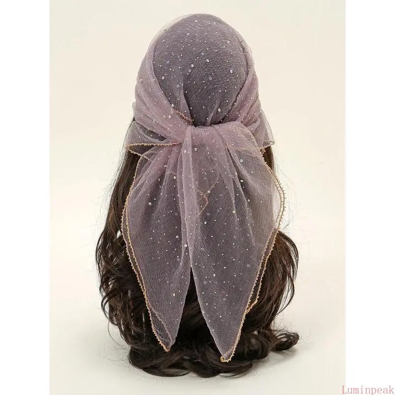 Female Sports & Outdoor Accessory Sheer Tulle Headscarf - Glamorous, Rhinestone-Embellished, Glitter Decor, Intricate Floral Embroidery, Lightweight, Breathable, Fitted Dimension, All Seasons for Everyday Wear & Formal Events, Year-Round, Elegant, One-Siz