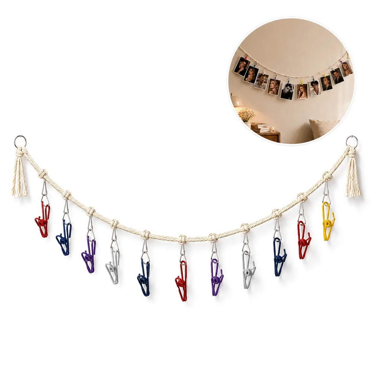 6.56ft Length Lightweight Decorative Cotton Rope Boho Photo Display, 20 Colorful Clips Hanging Organizer for Pictures & Cards, Nursery Room Accessories Home Wall Decor